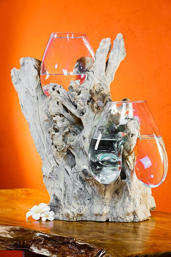 Geschmolzenes Glas auf Wurzelholz - Glasschale auf Wurzel - Teak Holz mit Glasvase oder Schale (2 Gl