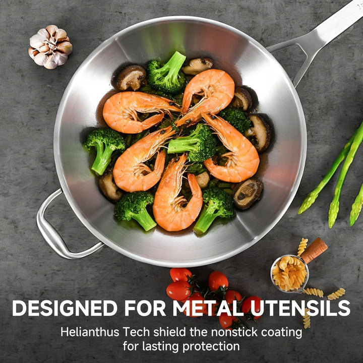 Inqibee Edelstahlpfanne 34cm Bratpfanne mit Deckel, Unbeschichtete Wok Pfanne für Induktion &amp; Gasher