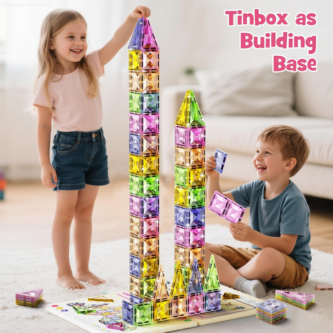 Magnetische Bausteine, 60 Teile Magnetspielzeug Tiles Magnetbausteine Kinder mit grossem Eisenkasten