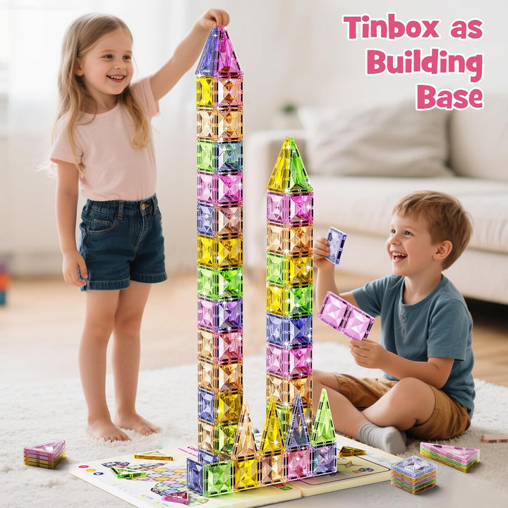 Magnetische Bausteine, 60 Teile Magnetspielzeug Tiles Magnetbausteine Kinder mit grossem Eisenkasten
