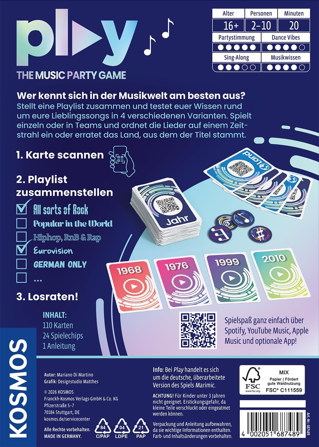 Kosmos Play - The Music Party Game, Deutsch, Spielt mit eurer Lieblingsplaylist 4000+ Songs, Musik-P