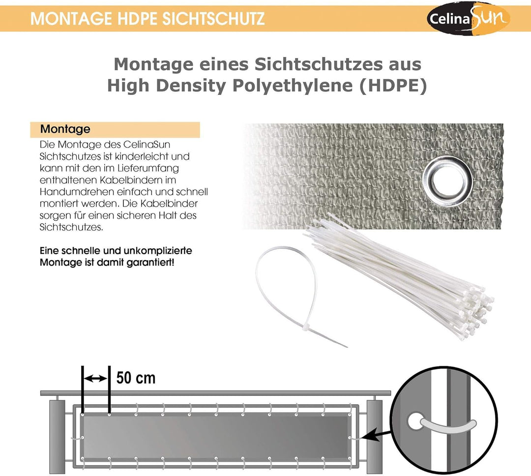 CelinaSun Sichtschutz Balkon 0,9 x 5 m Creme weiss HDPE Balkonbespannung mit Kabelbinder atmungsakti