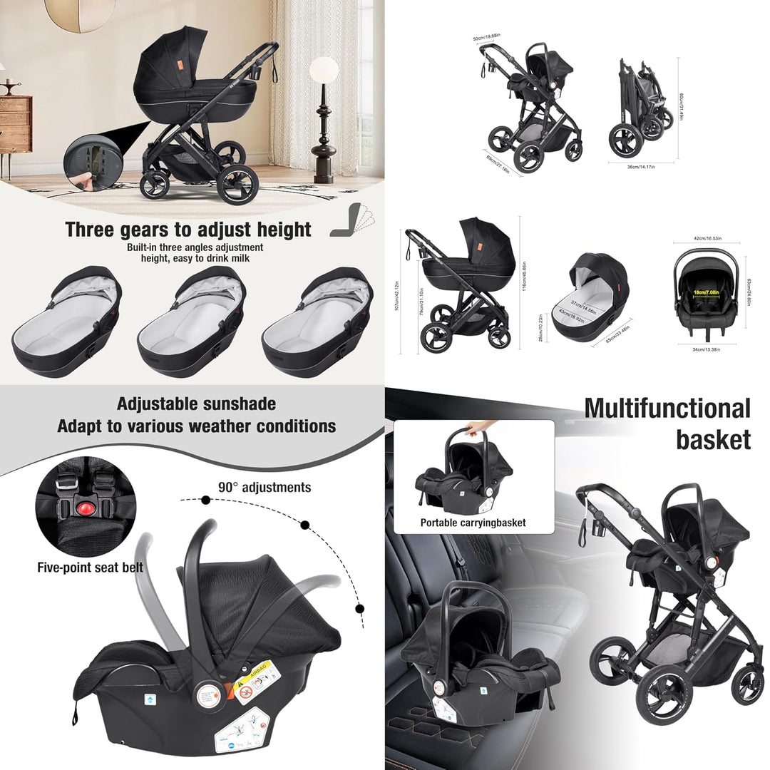 Kinderwagen 3 in 1, Kombikinderwagen 3 in 1 mit Zwei Umkehrbaren Schiebemodi, Kinderwagen Komplettse