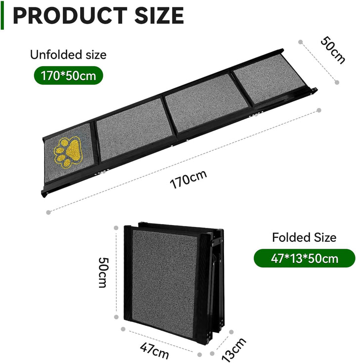Hunderampe Auto Klappbar 170 x 50 cm Grau, mit Rutschfester Teppichoberfläche, bis 70 kg, Leicht Alu