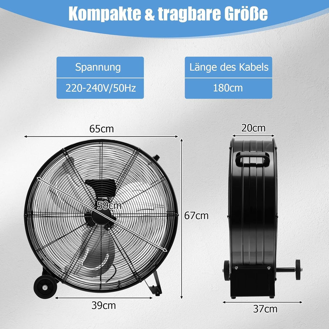 GOPLUS Trommelventilator, Ø 59 cm Standventilator mit 3 Windgeschwindigkeiten, Industriell Bodenvent