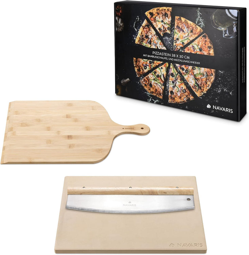 Navaris Pizzastein für Backofen Grill aus Cordierit - 38x30cm Pizza Stein für Ofen mit Pizzaschaufel