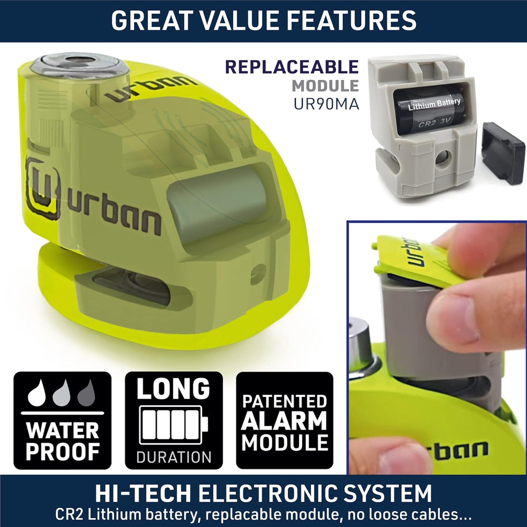 URBAN UR906X Bremsscheibenschloss Alarm 120dB ON/OFF Optionale Aktivierung, Austauschbares Modul, La