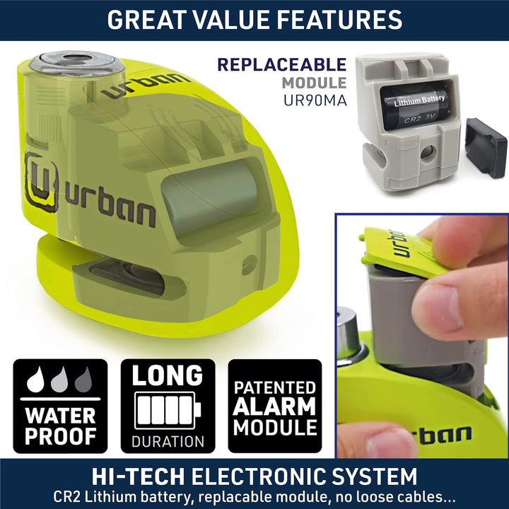 URBAN UR906X Bremsscheibenschloss Alarm 120dB ON/OFF Optionale Aktivierung, Austauschbares Modul, La