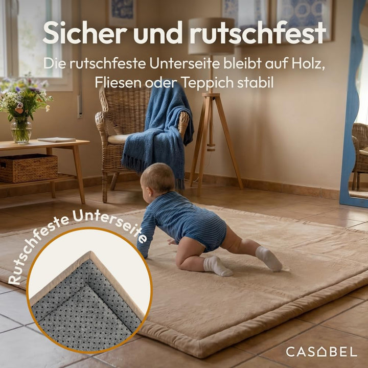 CASABEL Baby Spielmatte aus Samt in Cremeweiss 120×120 cm, Dick und weich, bequemer Schaumstoff, rut