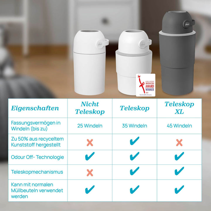 Chicco Windeleimer XL Geruchskontrolle, kompakte und platzsparende Windelentsorgung, fasst bis zu 45