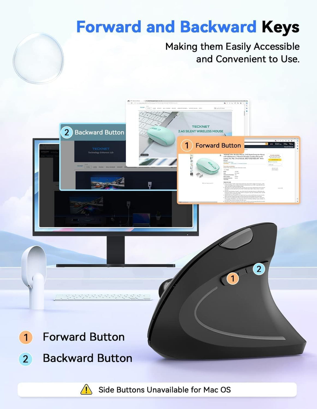 TECKNET Wireless Vertikale Ergonomische Maus 4800 DPI Schwarz, 4800 DPI Schwarz