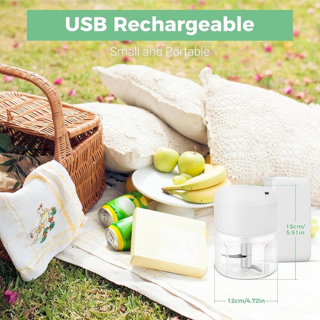 Zwiebel Zerkleinerer Elektrisch, 250ml Mini Zwiebelschneider Elektrisch Knoblauchschneider mit 3 Ede