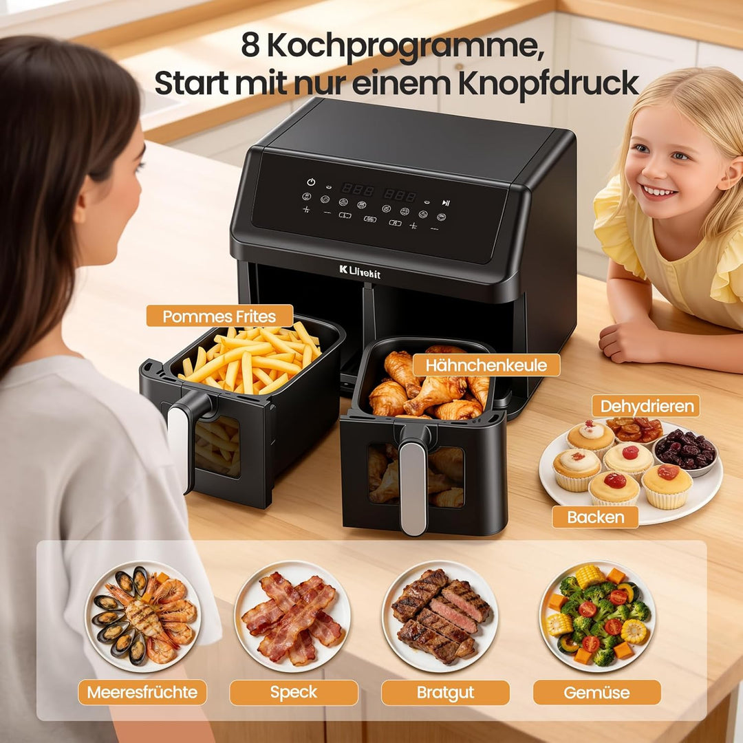 LLIVEKIT 9L Heissluftfritteuse 2 Kammern, Airfryer 2x 4,5L Dual Zone mit 4D Heissluftzirkulation, 95