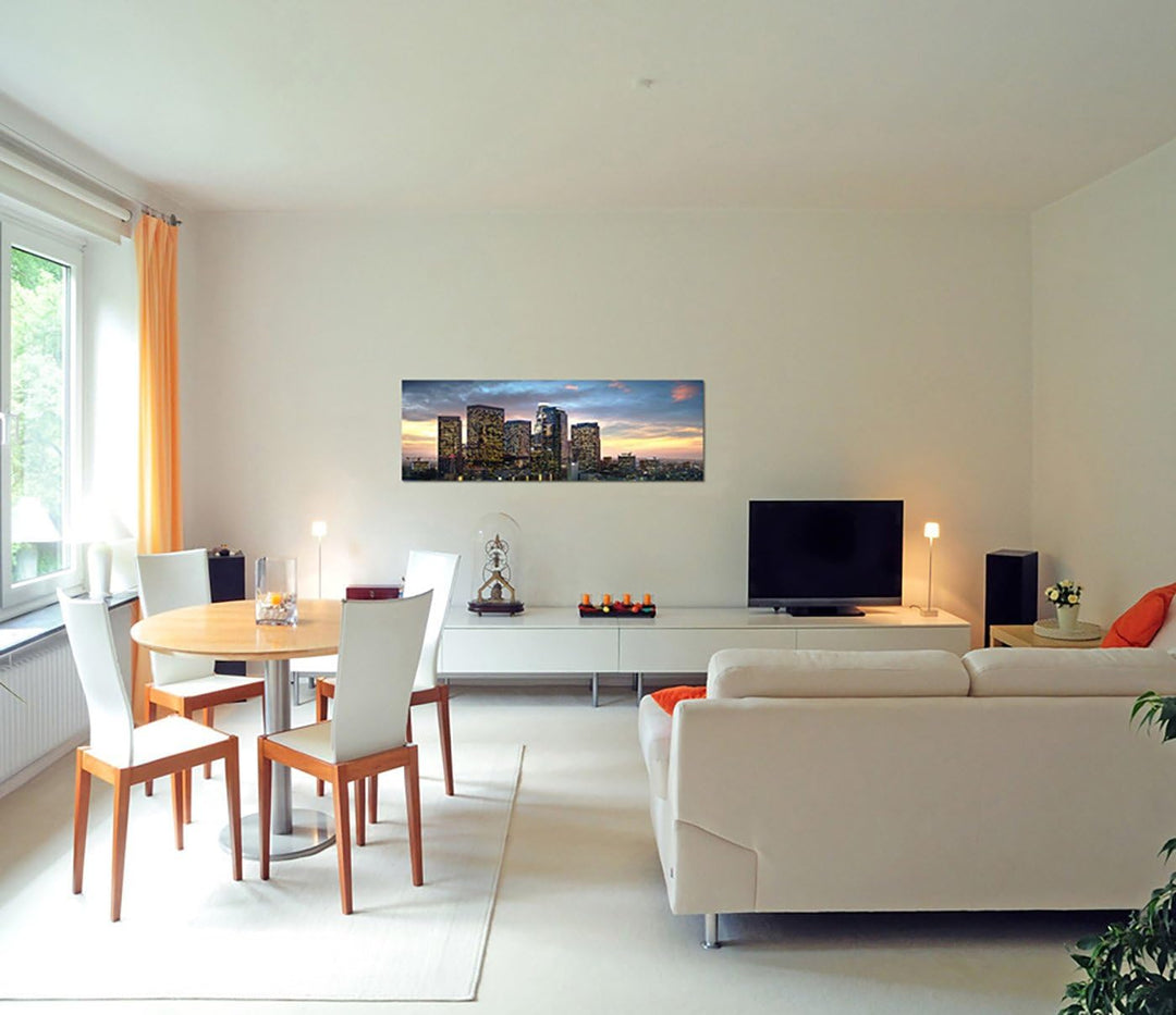Paul Sinus Art Panoramabild auf Leinwand und Keilrahmen 150x50cm Los Angeles Wolkenkratzer Sonnenunt