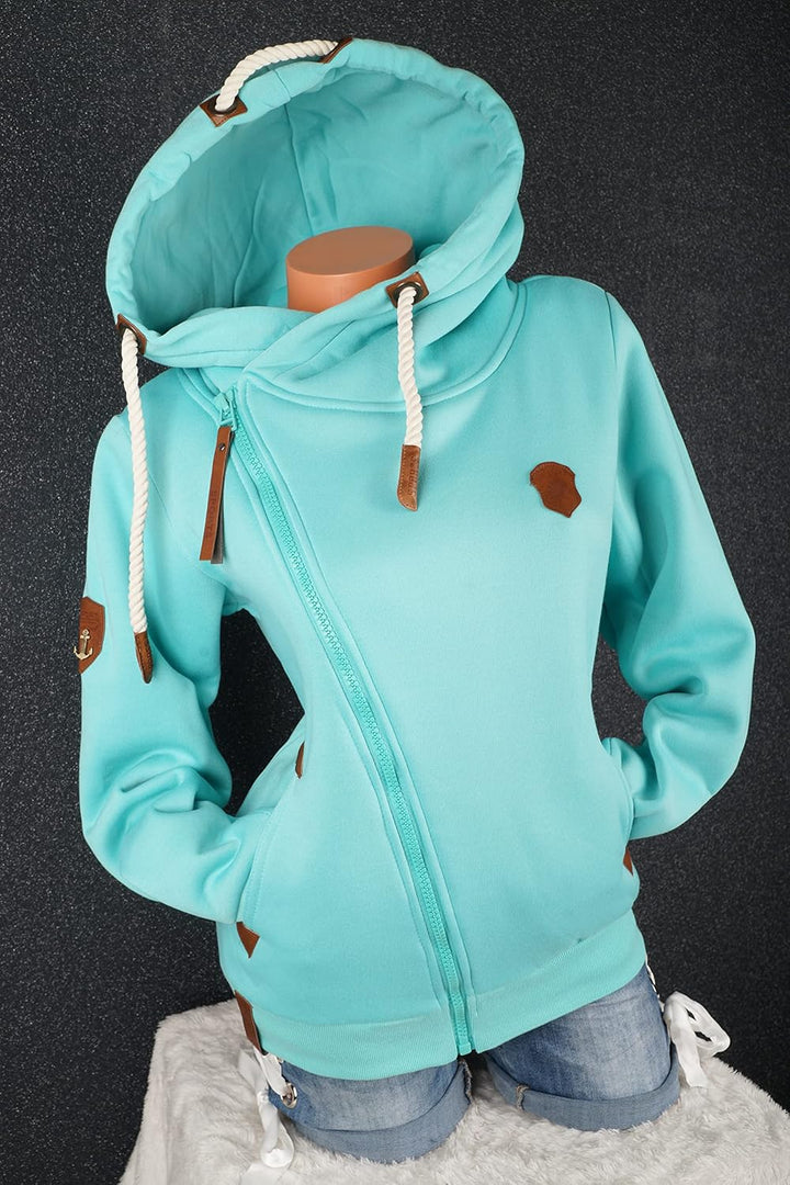 VIN TE Damen Sweat Jacke XXL Kapuze Hoodie Übergangsjacke Fleece gefüttert schräger Reissverschluss
