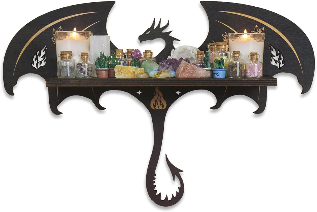 Gotisches Drachen Wandregal - Mystisches Schweberegal aus Holz für Kristalle & Deko im Hexen-Stil. S