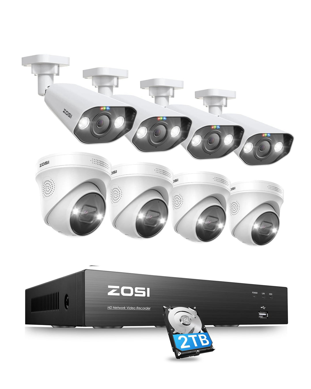 ZOSI 4K PoE Überwachungskamera Set Aussen mit 2TB HDD, 8X 8MP PoE Sicherheitskamera, 8CH NVR für 24/