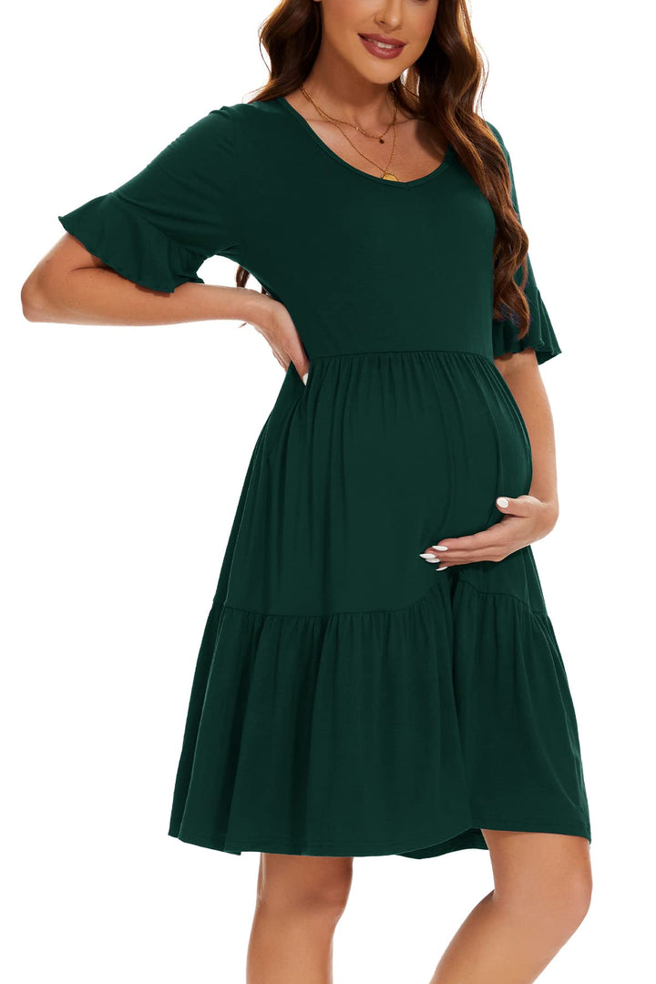 Smallshow Damen Umstandskleid Kurzarm Sommer Schwangerschafts Umstandsmode Kleid L Dunkel Grünen, L