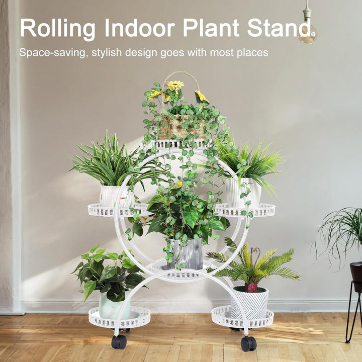 unho Blumentreppe für 6 Blumentöpfe, Blumenregal rollbar, Metall Pflanzenregal Pflanzentreppe für In
