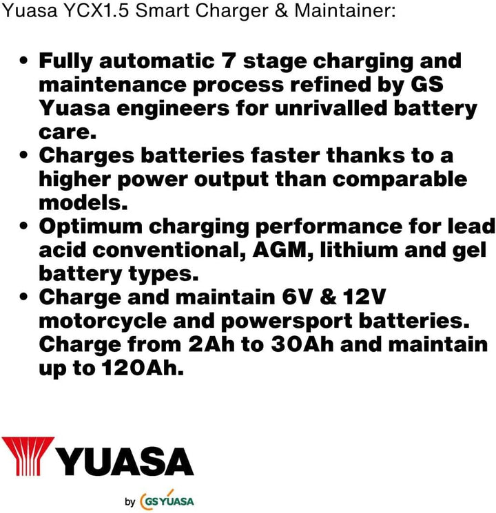 Yuasa YCX1.5 6/12 V 1,5 A Motorradbatterie-Smart-Ladegerät Schwarz, Schwarz