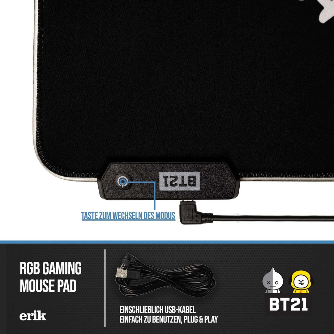 Mousepad - Mauspad LED BT21 - RGB Mauspad XXL 14 LED-Licht-Modus mit rutschfestem Gummigrundfläche u