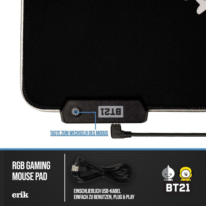Mousepad - Mauspad LED BT21 - RGB Mauspad XXL 14 LED-Licht-Modus mit rutschfestem Gummigrundfläche u