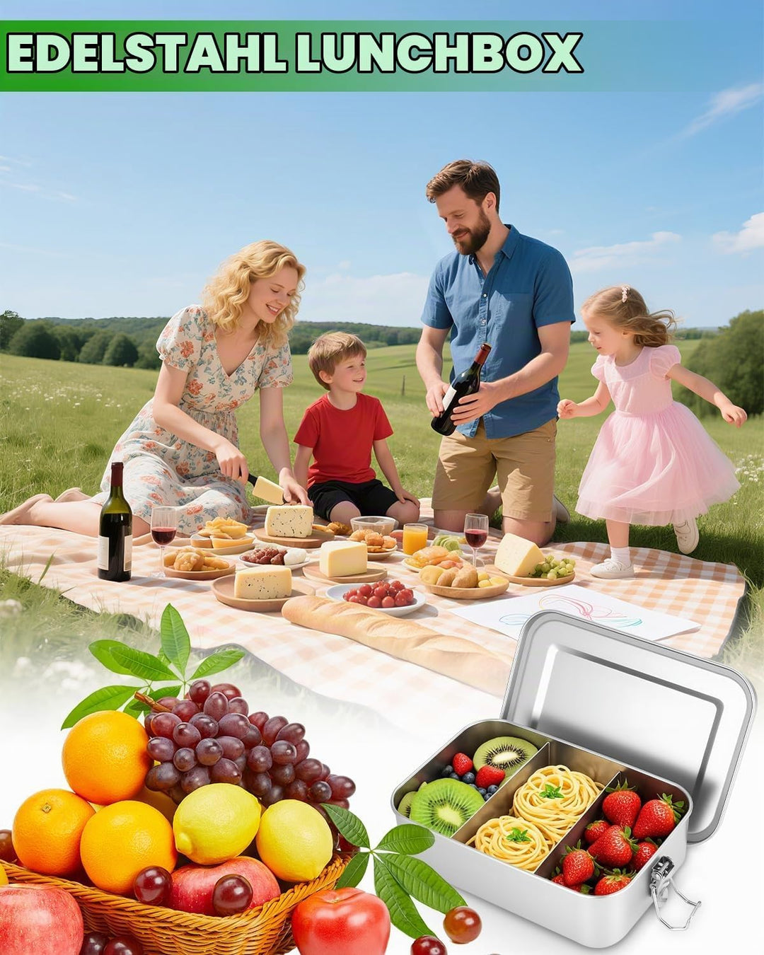 1400ml Edelstahl Brotdose Lunchbox Erwachsene Edelstahl Brotbox Inox mit Trennwand, Auslaufsicher, m