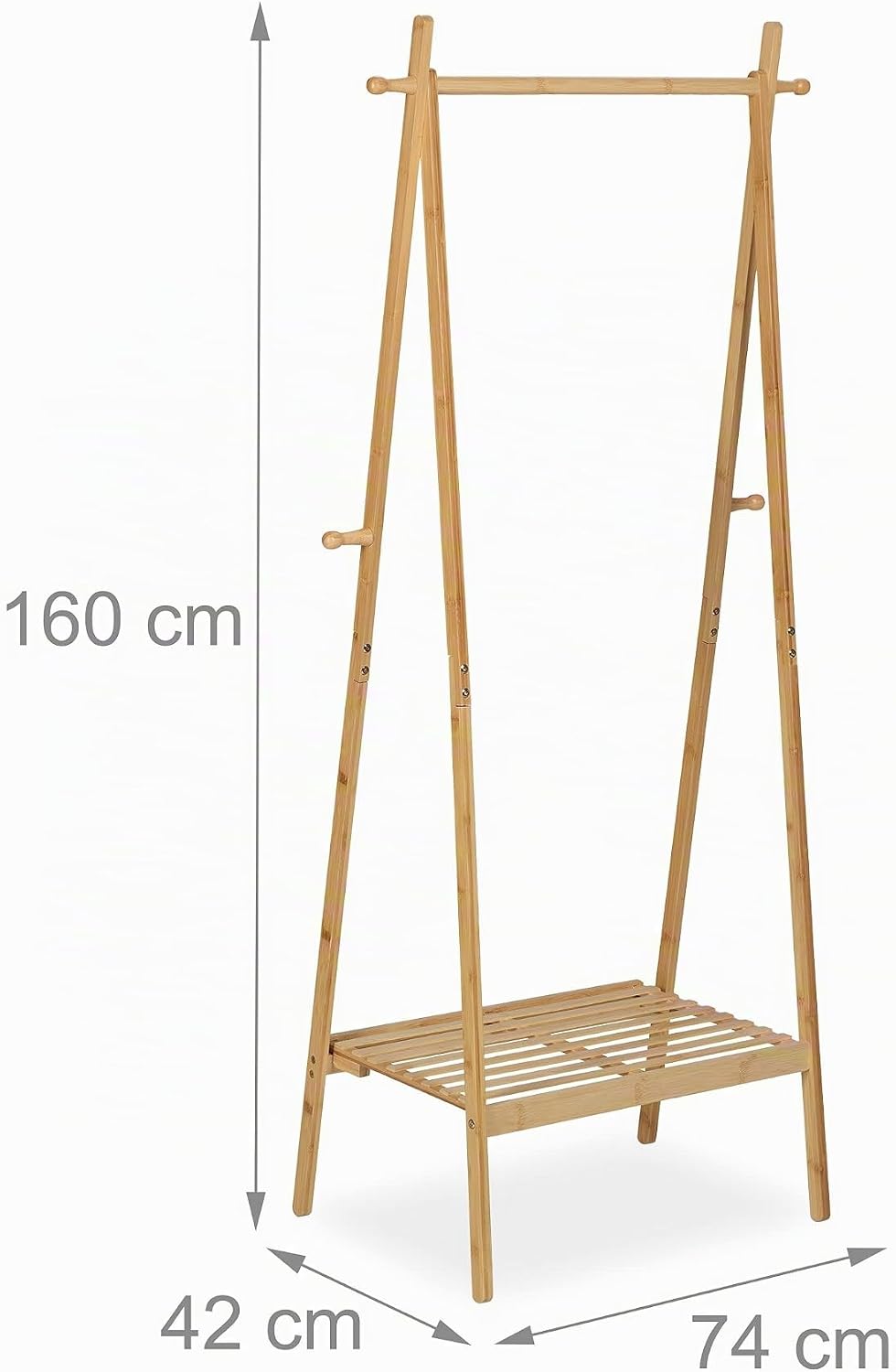 Relaxdays Kleiderständer Bambus, klappbar, Kleiderstange mit Ablage, 4 Haken, HBT: 160 x 74 x 42 cm,