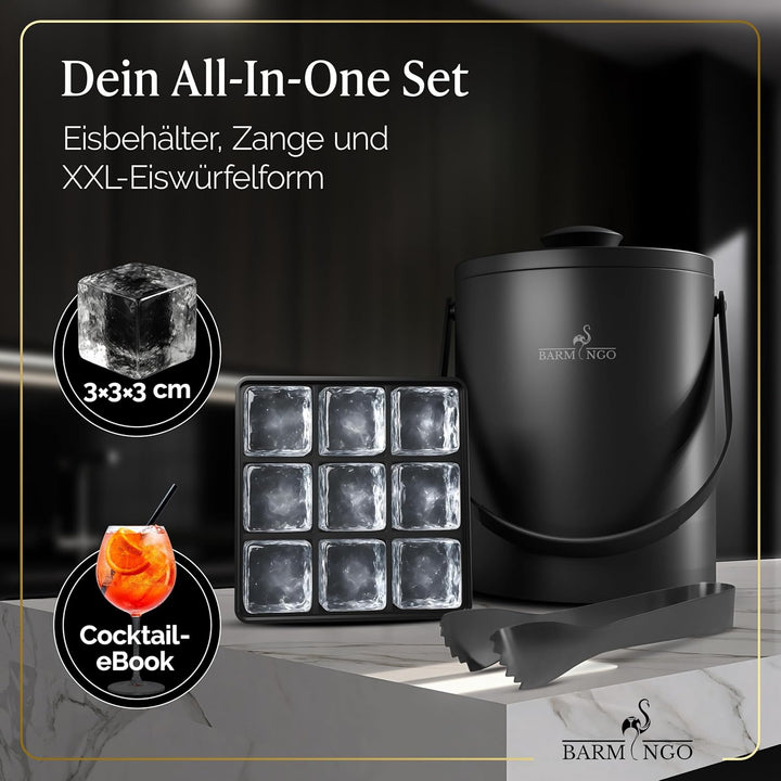 Edelstahl Eiswürfelbehälter mit Deckel - 2l Eiskübel/Eisbehälter für Eiswürfel mit Sieb, Eiswürfelfo