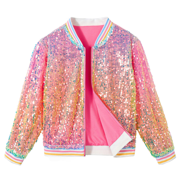 LOLANTA Mädchen Pailletten Bomberjacke mit Taschen Reissverschluss Langarm Glitzer Baseball Jacken f