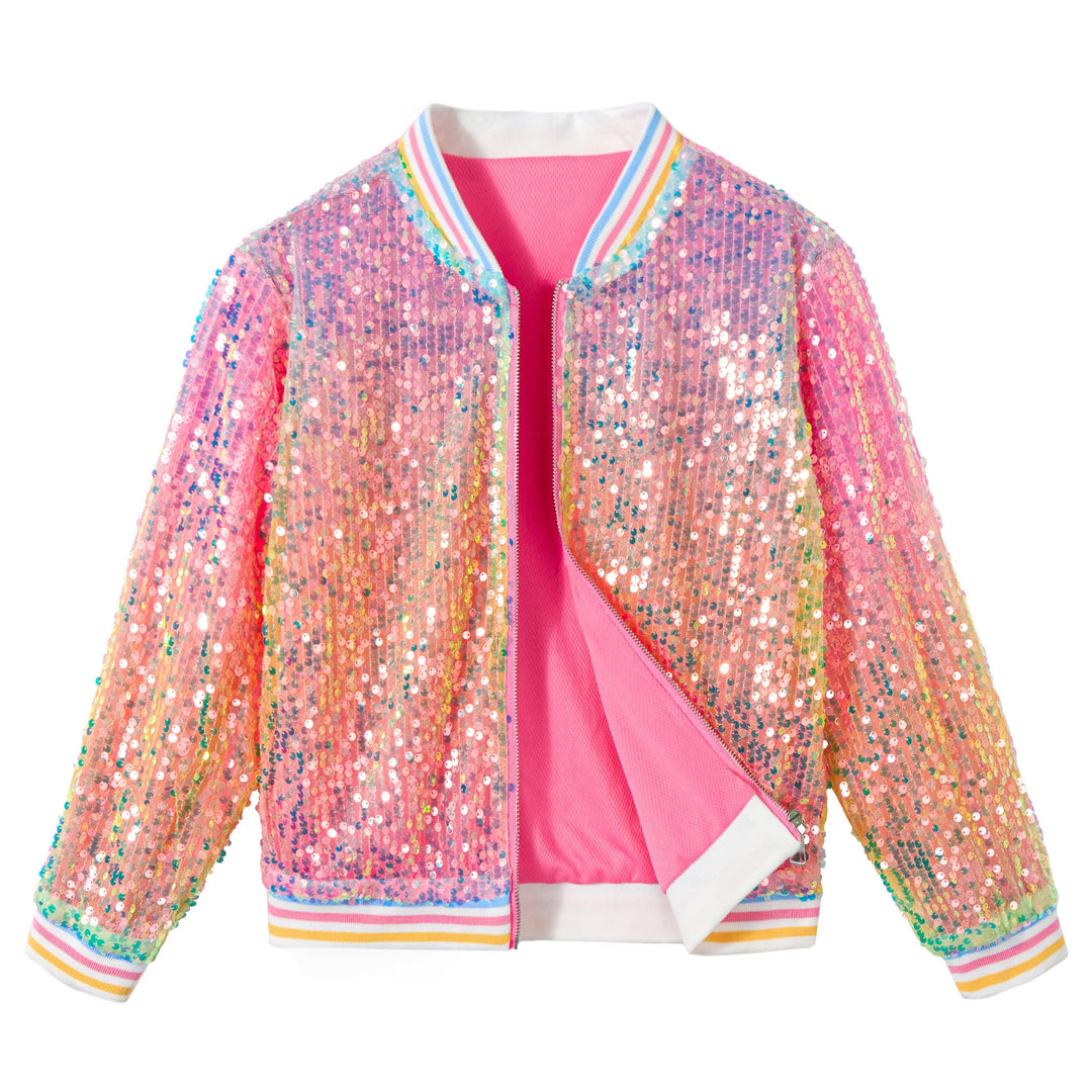 LOLANTA Mädchen Pailletten Bomberjacke mit Taschen Reissverschluss Langarm Glitzer Baseball Jacken f