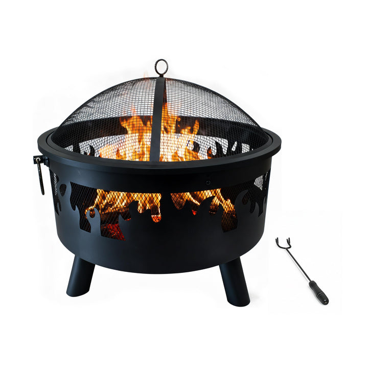 Relaxdays Feuerschale, Ø Schale 64 cm, Funkenschutz, Schürhaken, Stahl, Flammen-Design, Feuerstelle