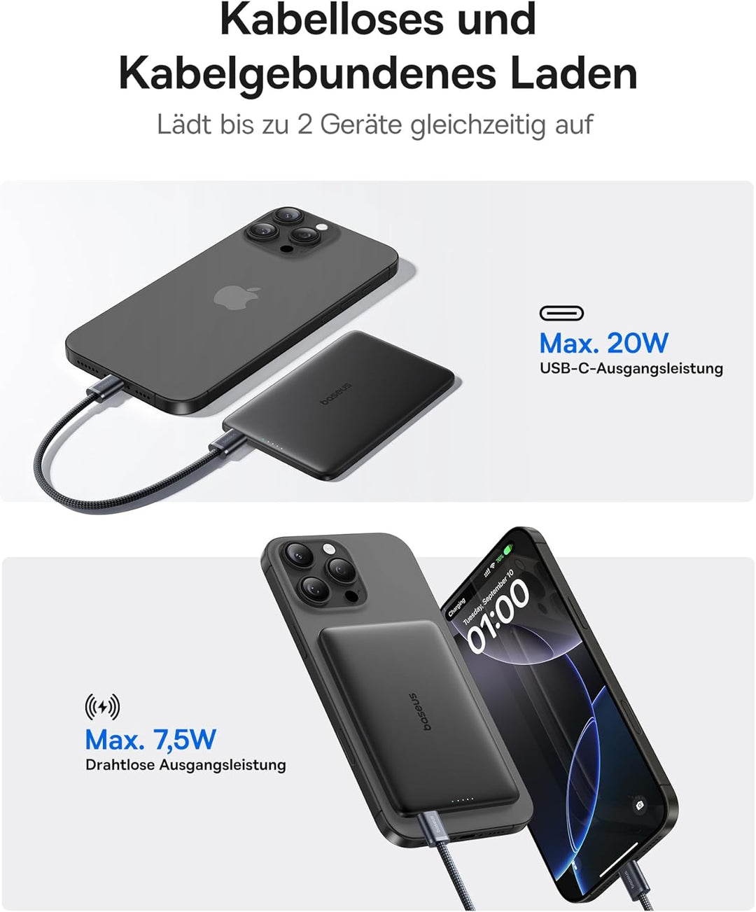 Baseus Picogo AM41 Power Bank, Ultra Slim 5000mAh Magsafe Powerbank, PD 20 W-Laden, Portabel, Wirele