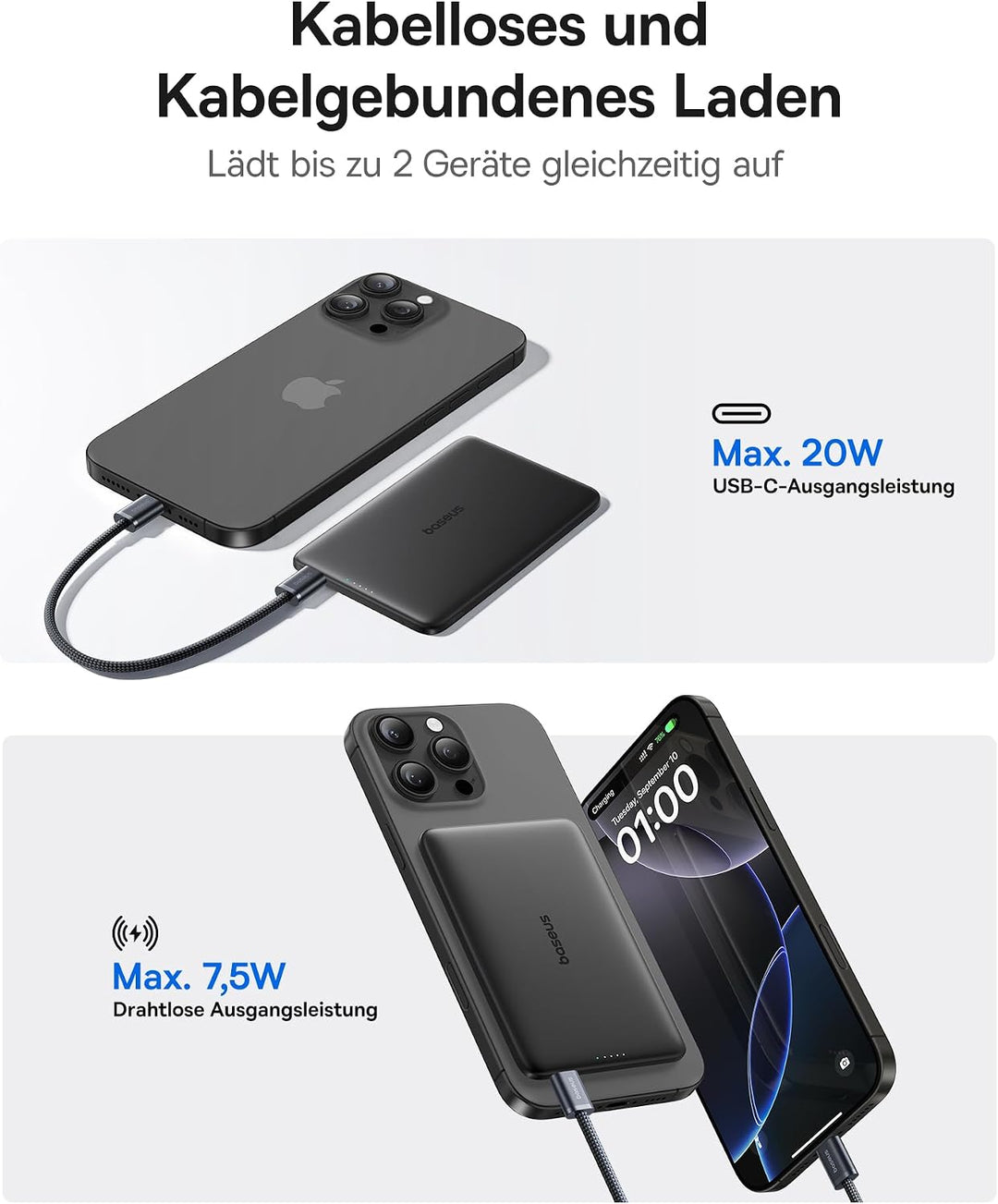 Baseus Picogo AM41 Power Bank, Ultra Slim 5000mAh Magsafe Powerbank, PD 20 W-Laden, Portabel, Wirele