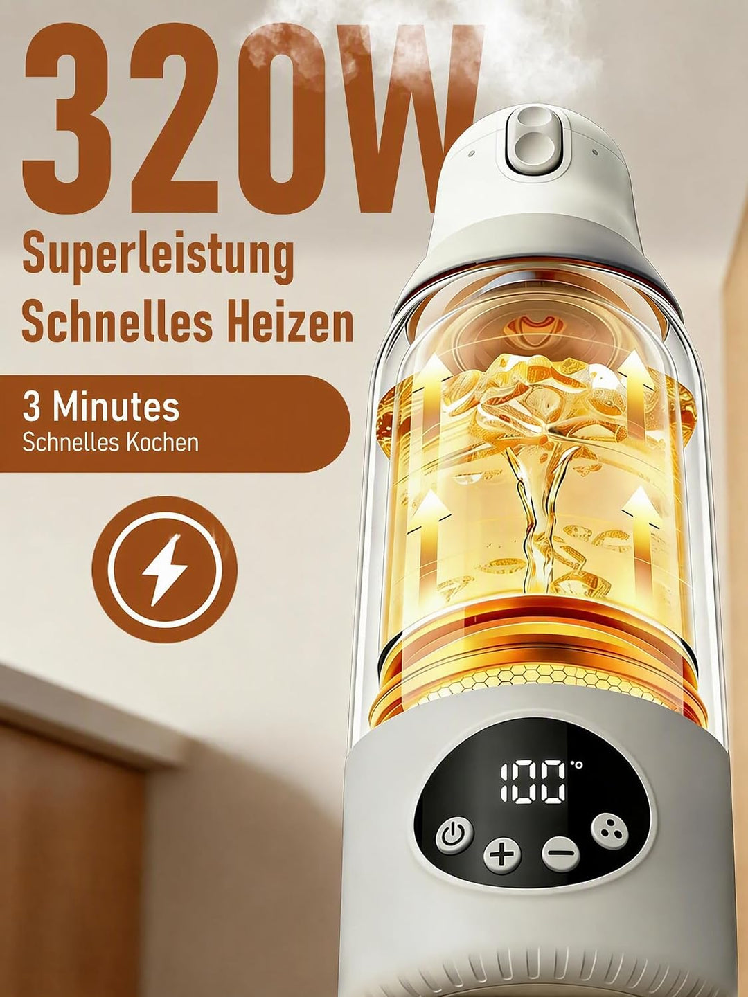 Tragbarer Flaschenwärmer für Baby unterwegs, 500ml Babyflaschenwärmer, 320W Schnellwärmung，unterstüt