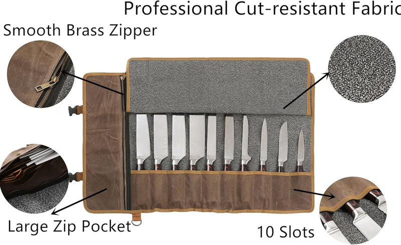 Denifiter Professionelle Kochmessertasche mit schnittfestem Material, strapazierfähigem 16oz gewachs