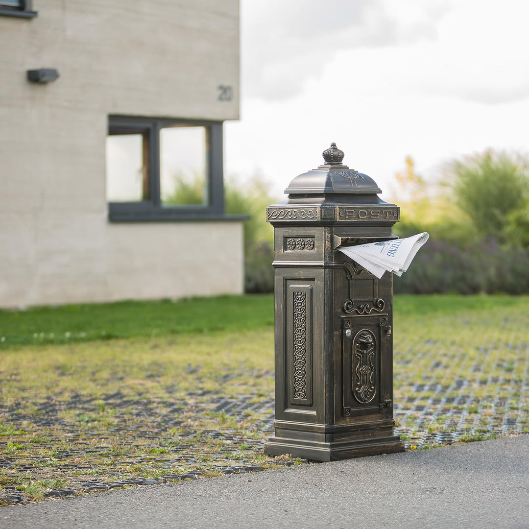 Relaxdays Standbriefkasten Antik, Britisches Design, rostfreies Aluminium, HBT 101x34,5x31 cm, Säule
