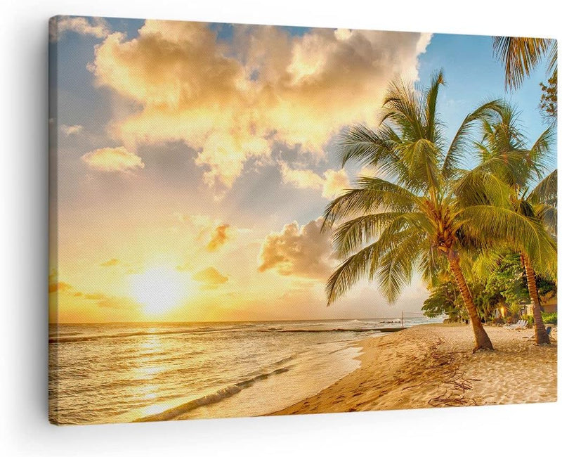 Bilder auf Leinwand Strand Meer Palme Leinwandbild mit Rahmen 70x50cm Wandbilder Dekoration Wohnzimm