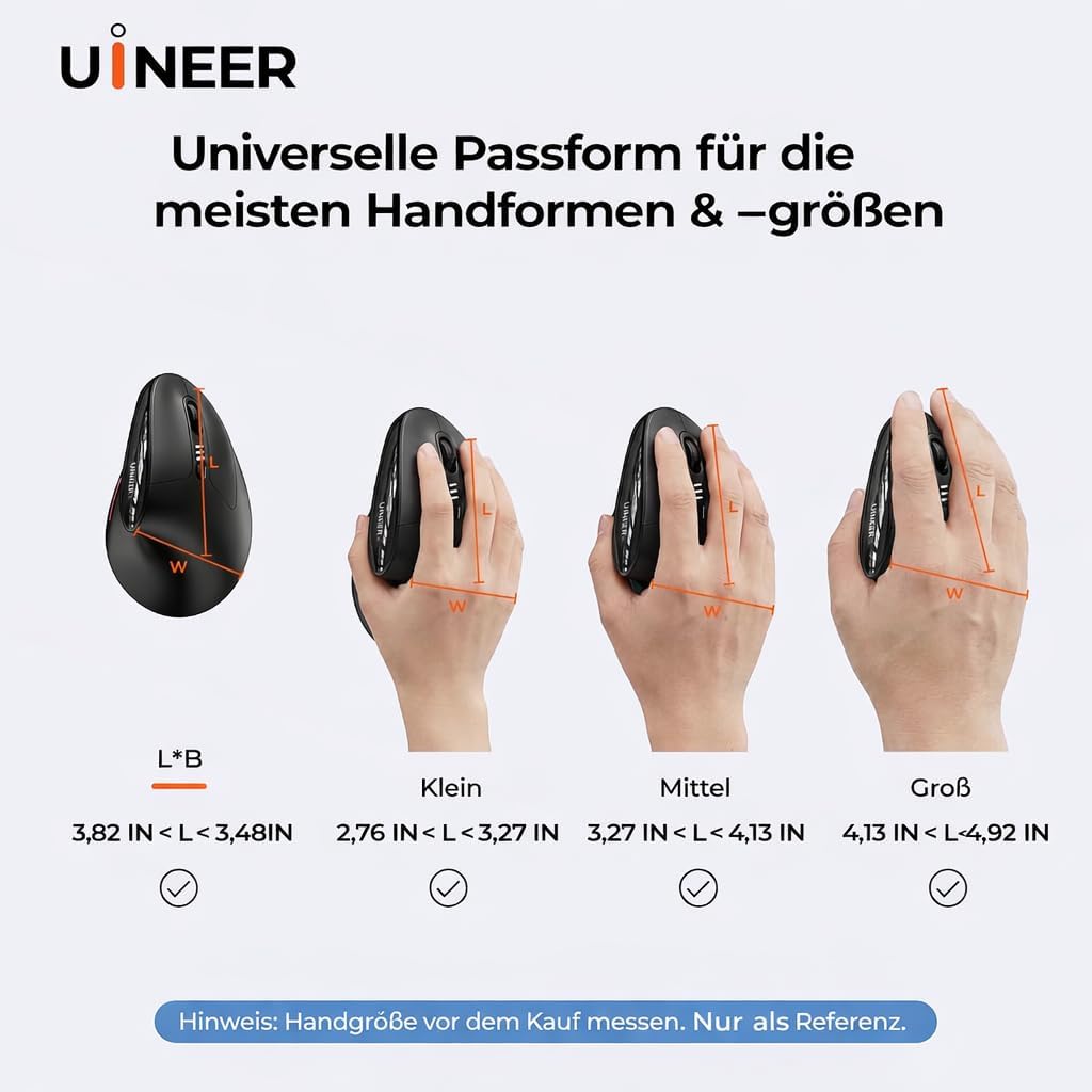 Uineer Ergonomische, kabellose vertikale Maus, dreifarbige Atemlichter, BT5.0/4.0/2.4G Bluetooth, wi