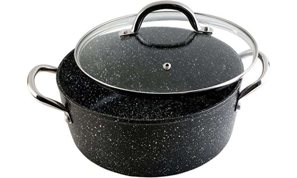 WECOOK! Granite Cazuela Alta Inducción Completa 24cm Tapa Vidrio, Aluminio Forjado 4,2 Litros, Antia