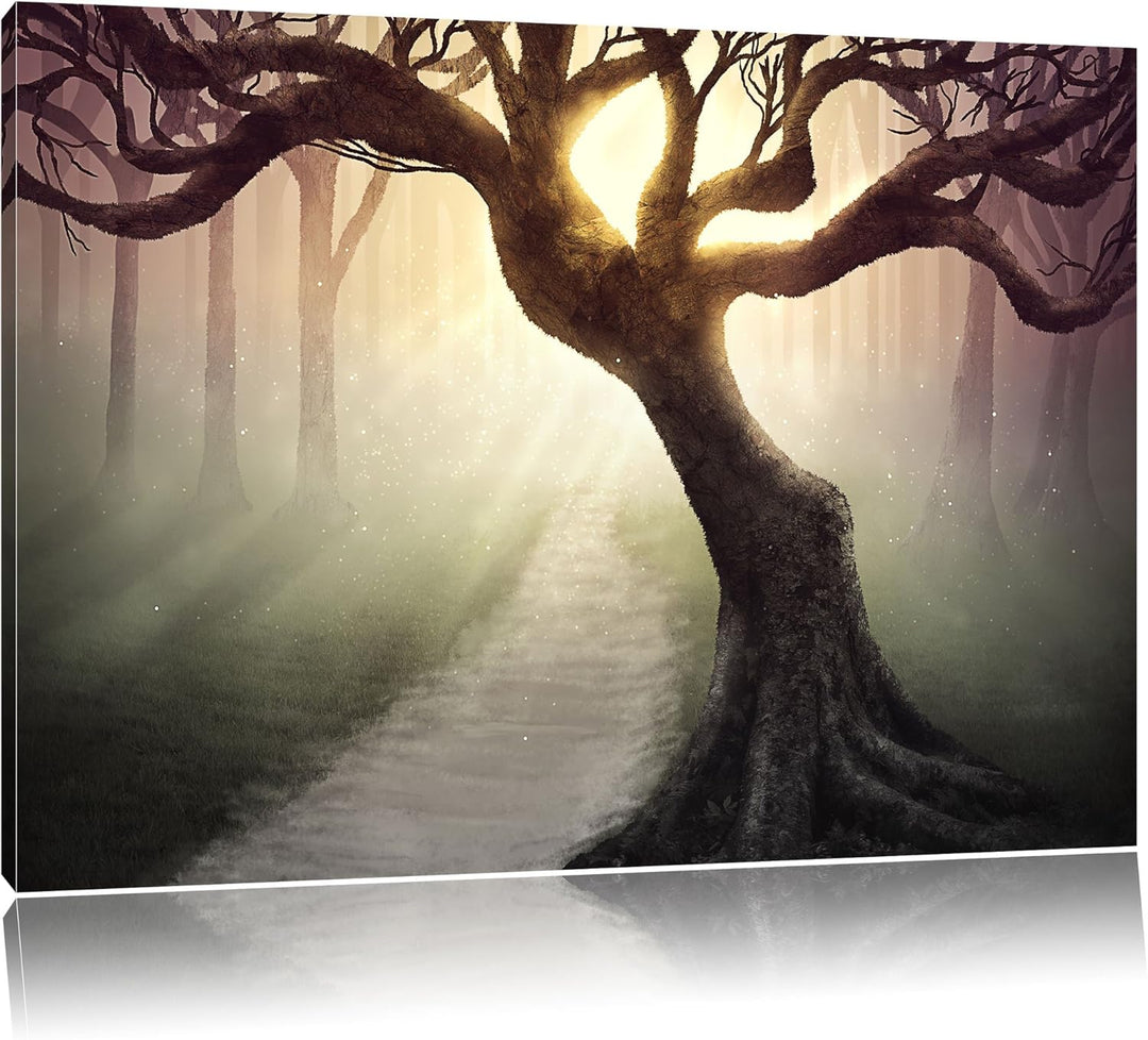Pixxprint Baum am Waldweg als Leinwandbild/Grösse: 100x70 / Wandbild/Kunstdruck/fertig bespannt, 100