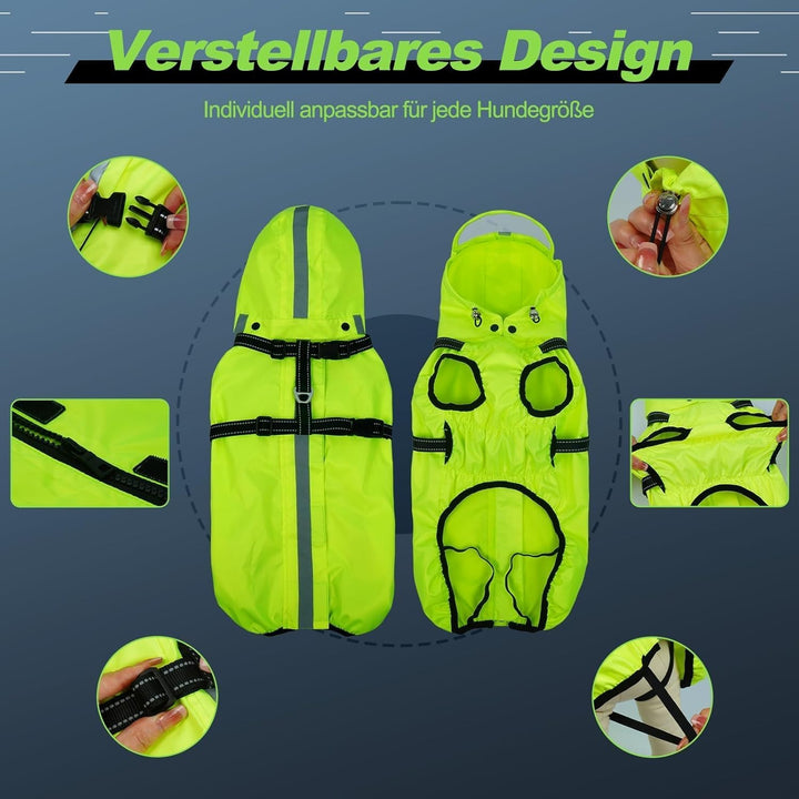 Hunderegenmantel wasserdicht, Regenjacke mit reflektierenden Streifen, H-Brustgeschirr (D-Ring) & Ab