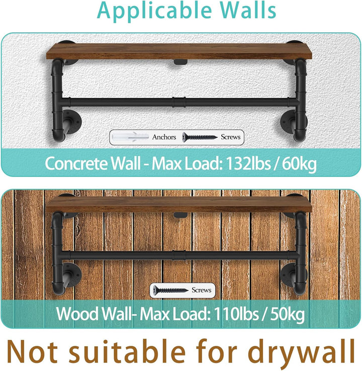 Yawinhe Industrielle Wandgarderobe mit Ablage, Kleiderstange zur Wandmontage, Garderobe Wandregal, G