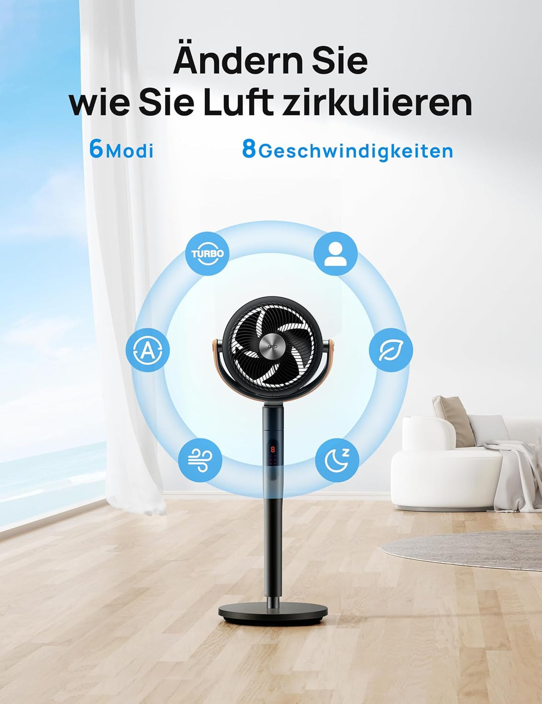 Dreo 25dB leiser Smart Standventilator, 120°+105°Omni-direktional oszillierend Ventilator mit Fernbe