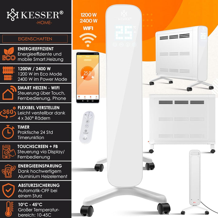 KESSER® Konvektor Premium 1200W ECO 2400W Power Mode Heizstufen Thermostat Elektroheizung WiFi App &
