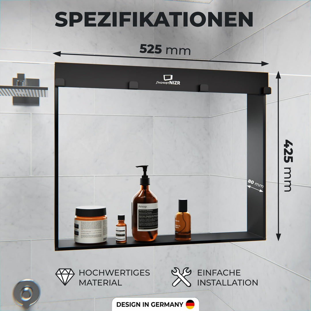 ShowerNIZR Duschregal Schwarz - Duschablage ohne Bohren für Duschwand zum Hängen aus Edelstahl mit 4