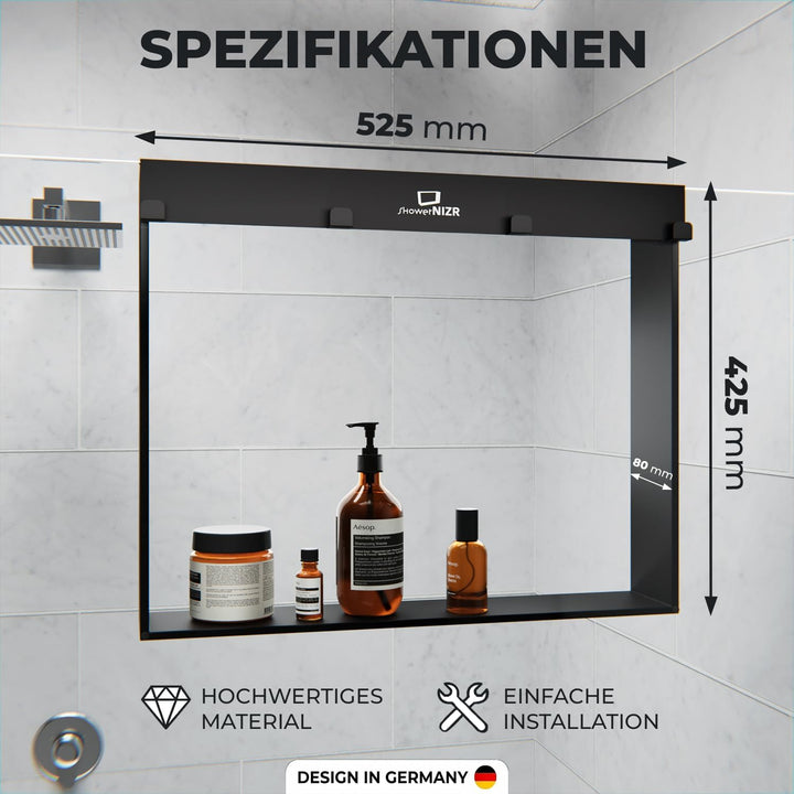 ShowerNIZR Duschregal Schwarz - Duschablage ohne Bohren für Duschwand zum Hängen aus Edelstahl mit 4