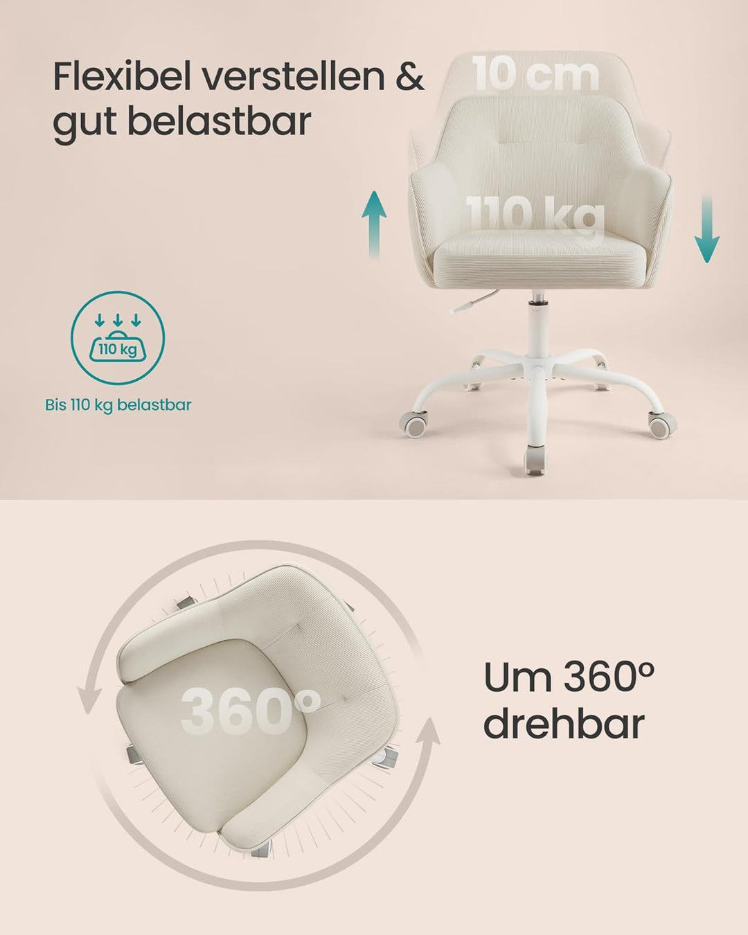 SONGMICS Homeoffice-Stuhl, Drehstuhl, Schreibtischstuhl, höhenverstellbar, bis 110 kg belastbar, Cor