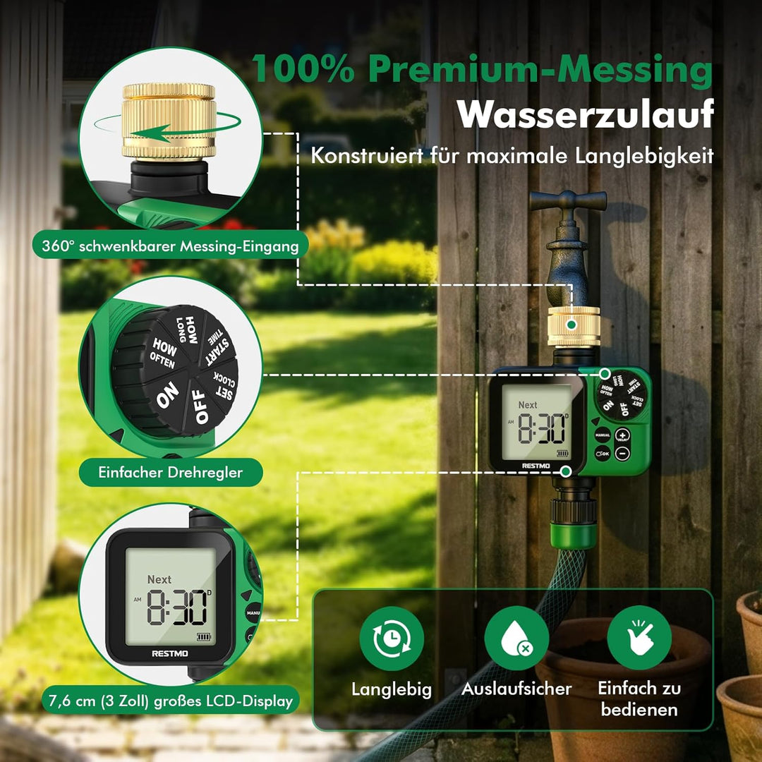 RESTMO 1-Zonen Bewässerungscomputer, Bewässerungsuhr für Garten | grosses Display, automatisch/manue