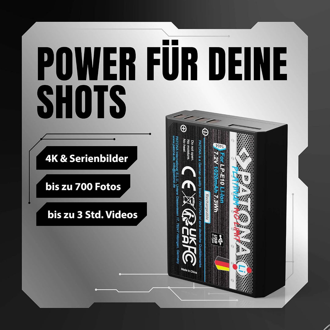 PATONA 2X USB-C Platinum Akku Ersatz für Canon LP-E10 LPE10, 1020mAh 7.2V | Ersatzakku für EOS 1100D